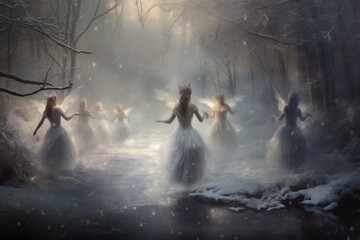 Mystical snow fairies dancing in a winter glen. - obrazy, fototapety, plakaty