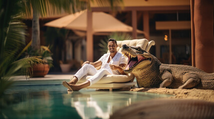 Young man relaxing on a lounger by the swimming pool with a crocodile.