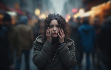 Attack of panic in public spaces. Woman with panic disorder in the city. Psychology, loneliness, anxiety or psychological problems concept