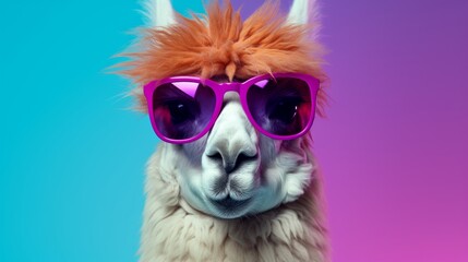Creative animal concept. Llama in sunglass shade glasses isolated on solid pastel background,...