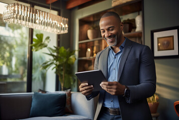 Black man, tablet and smile for social media post, shopping online or browsing internet creative content at home. Young african american happy, relax and calm on tech digital app on device