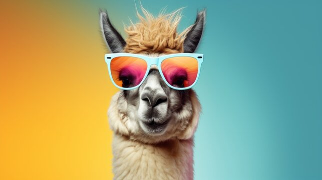 Creative animal concept. Llama in sunglass shade glasses isolated on solid pastel background, commercial, editorial advertisement, surreal surrealism 