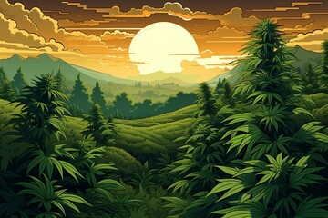 Illustration of a marijuana plantation with lush green leaves. Generative AI