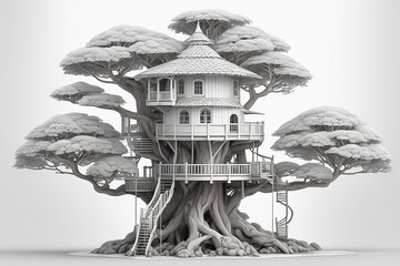 Beautiful treehouse outlined on white background - Generative AI