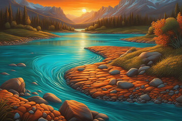 Turquoise and orange dramatic river sunset oil painting - Generative AI