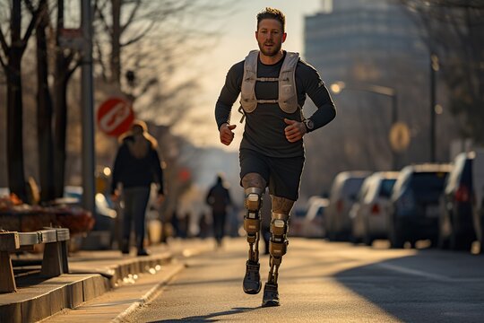 disabled athlete running in the city.