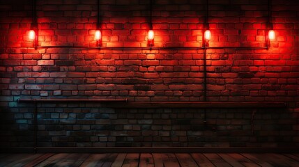 Red neon light on brick wall. Brick wall background. - obrazy, fototapety, plakaty