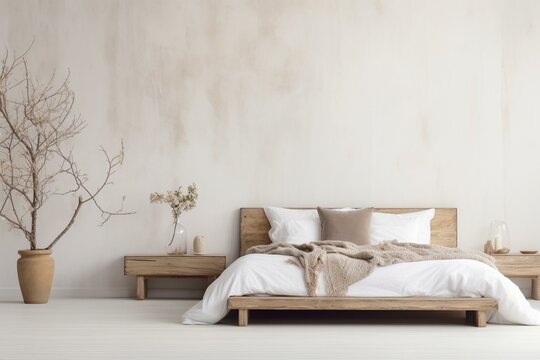 Minimalist Scandinavian bedroom with wooden farmhouse furniture, dry plants and white decor. Panoramic background. Generative AI