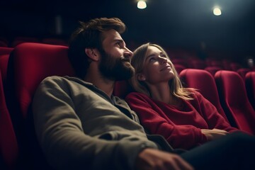 Couple is watching movie in cinema.