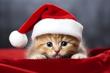 Obraz na płótnie Canvas Cute kitten in a Santa Claus hat on gray background.