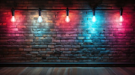 Red and blue neon light on brick wall. Brick wall background. Lighting effect red and blue on empty...