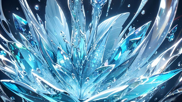 Abstract mixture of water drops, crystals, fish tails, flowers and ice crystals