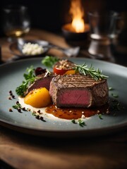 Perfectly marbled Kobe rib eye steak, seared to perfection. AI generated