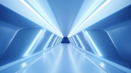 Corridor tunnel of space station ship, glowing futuristic panels of blue color, metal walls reflection of light. Podium stage long way. 3d render