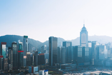 Aerial scenery panoramic view from drone of Hong Kong skyscrapers skyline with metropolitan bay