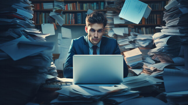 Exhausted man in an office full of folders, documents and work. Mental Health concept
