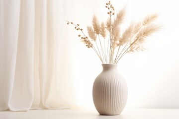 Minimalist white vase with elegant dried grasses on a clean white background, natural decor, copy space