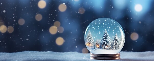 Christmas decoration of a snow globe with miniature houses and fir trees inside, against the backdrop of shimmering Christmas bokeh