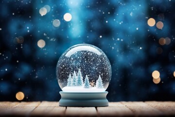 Christmas decoration of a snow globe with miniature houses and fir trees inside, against the backdrop of shimmering Christmas bokeh - obrazy, fototapety, plakaty