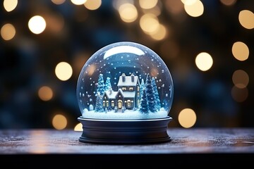 Snow globe, Christmas decoration, with small houses and fir trees inside, against a background of shimmering bokeh. generative ai
