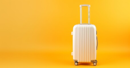 White Wheeled Luggage on Sunny Yellow Background with Copy Space