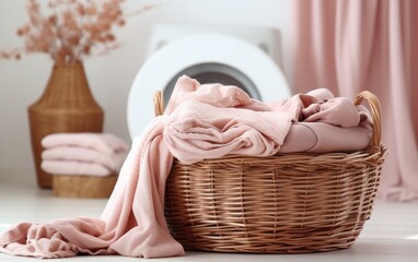 Fototapeta na wymiar Cozy Laundry Room with Wicker Basket and Vintage Washing Machine