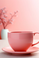 Fototapeta na wymiar minimalist pink background with a Tea cup, cappuccino, coffee , top view with empty copy space
