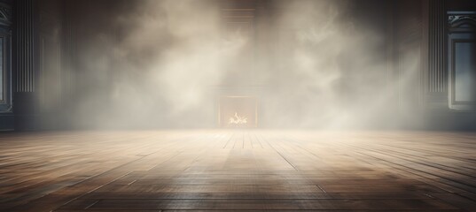 Empty room with misty smoke clouds effect. Generative AI technology.	
