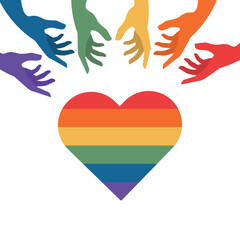 hands reach for the heart  banner with lgbt flag colors with an empty space in the center for text or image