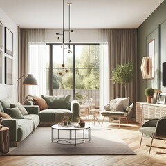 A modern living room with a simple design and an olive green tone, in a Nordic style home interior design. Created with generative AI