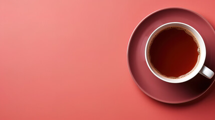 minimalist pink background with a Tea cup, cappuccino, coffee , top view with empty copy space