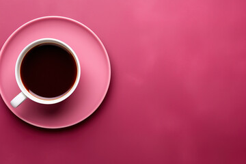 Obraz na płótnie Canvas minimalist pink background with a Tea cup, cappuccino, coffee , top view with empty copy space