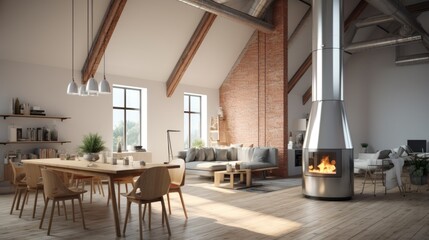 Daylight light new modern scandinavian loft apartment with modern metallic chimney hanging from the ceiling