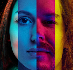 Collage made of different people, faces of different age and gender in neon lights. Calm confident...