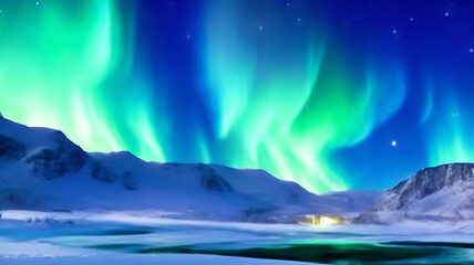 Naklejka premium Panorama of the northern lights over snowcapped mountains