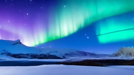 Fototapeta premium Panorama of the northern lights over snowcapped mountains