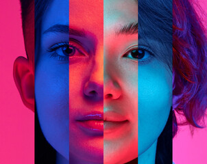Human face made of portraits placed in narrow stripes of different people, of diverse age, gender...