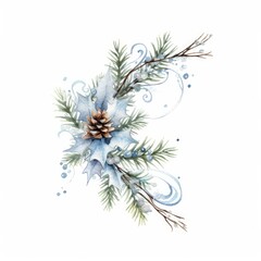 Watercolor Christmas tree branch with a garland of shimmering snowflakes on white. AI generated