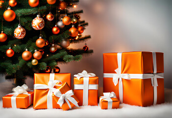 wrapped orange christmas gift parcels under a tree decorated with matching baubles