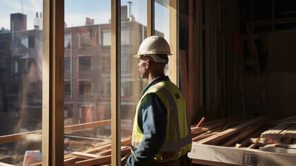 Naklejka na ściany i meble Professional architect constructor engineer working, inspecting construction site