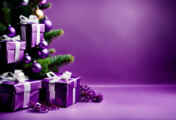 wrapped purple christmas gift parcels under a tree decorated with matching baubles