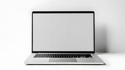 Laptop computer with blank screen on desk in modern home or office interior mock up