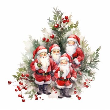Festive watercolor Christmas tree branch with a garland of joyful Santa Claus figures on white. AI generated