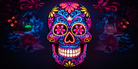 Modern Neon Calaca Skull Design
, Vibrant Metal Calavera in Holographic Colors Generative Ai  