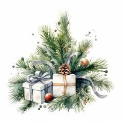 Obraz na płótnie Canvas Watercolor Christmas tree branch with a garland of miniature wrapped gifts on white. AI generated