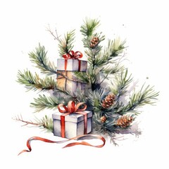 Fototapeta na wymiar Watercolor Christmas tree branch with a garland of miniature wrapped gifts on white. AI generated