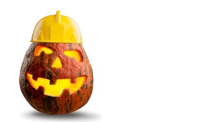 Naklejka premium Halloween, scary orange pumpkin with construction helmet