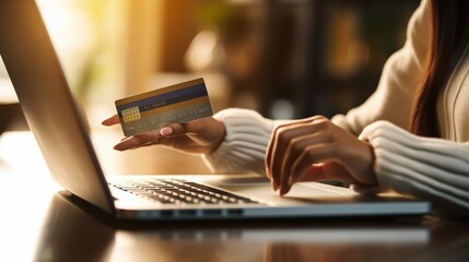 Online shopping and payment concept, Women use a credit card to enter a pin code for online payment and shopping internet banking system for making payment transactions with a laptop on the table - obrazy, fototapety, plakaty