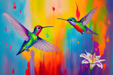 Oil painting hummingbird colorful background. oil painting artwork	
