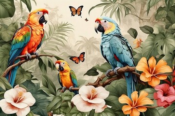 wallpaper jungle and leaves tropical forest mural parrot and birds butterflies old drawing vintage background